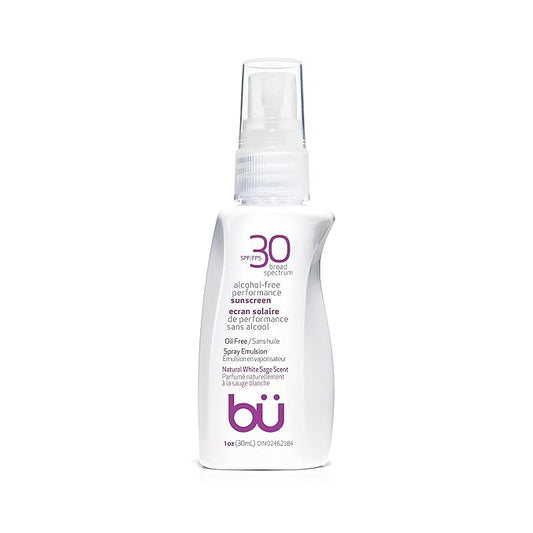 BU SPF 30 Sunscreen Spray for Face and Body, Non Aerosol Spray, TSA Travel Size Sunblock, Clear, Non Greasy, Water Resistant, White Sage 1 oz