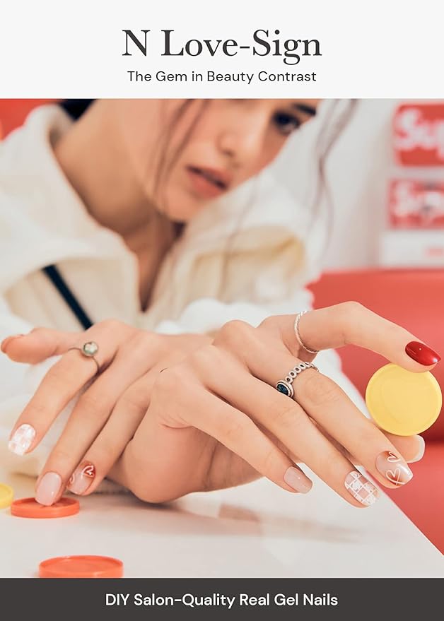 ohora Semi Cured Gel Nail Strips (N Love-Sign) - Red, Patterned, Works with Any UV/LED Lamps, Salon-Quality, Long Lasting, Easy to Apply & Remove - Includes 2 Prep Pads, Nail File & Wooden Stick