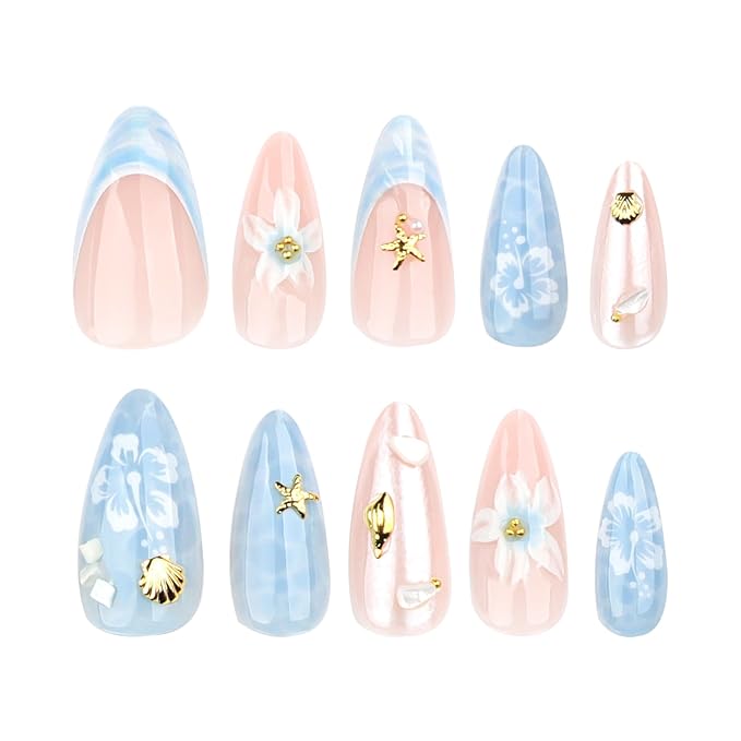 Handmade Summer Blue 3D Star Flower Press On Nails Almond Medium 24 Pcs, Ocean Shell French Designer Reusable Acrylic Fake Nails with Glue On Nails, Beach Daily wear Floral Nails for Women