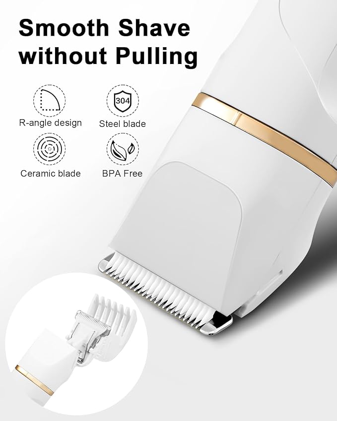 AREYZIN Bikini Trimmer for Women Painless Electric Razor for Women,3 in 1 Pubic Hair Trimmer,USB Recharge Dock,Replaceable Ceramic Blade Heads,IPX7,White