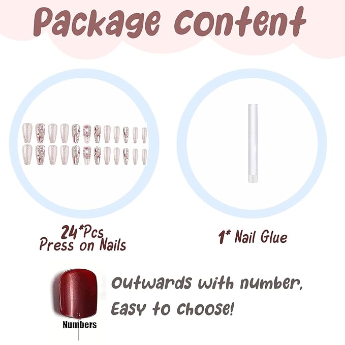 BABALAL Luxury Press on Nails Long Coffin Fake Nails Pink Glitter Glue ons Nails Rhinestone Full Cover Acrylic Nails 24Pcs Bling Stick on False Nails Ballerina Nails Press on