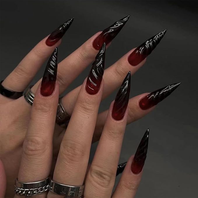 IMRAIN Press on Nails Long Stiletto Fake Nails Black Red Gradient 3D Wave Full Cover Glossy Gel Acrylic Halloween False Nails Y2K Glue Stick on Nails for Women 24Pcs