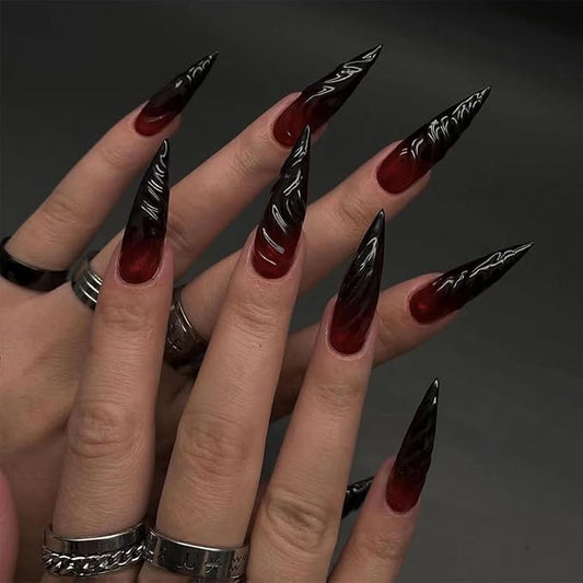 IMRAIN Press on Nails Long Stiletto Fake Nails Black Red Gradient 3D Wave Full Cover Glossy Gel Acrylic Halloween False Nails Y2K Glue Stick on Nails for Women 24Pcs