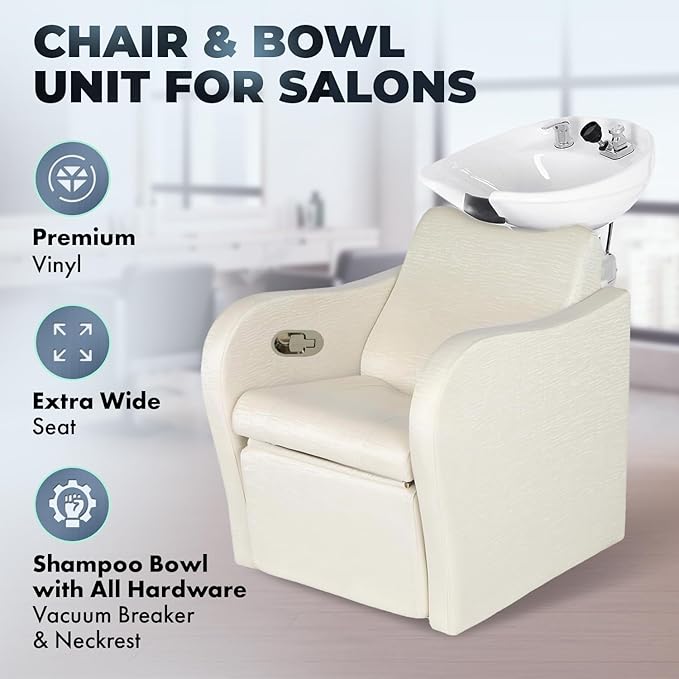Buy-Rite Lexus Backwash Unit – Professional Salon Shampoo Chair with Extra Wide Seat, Kick-Out Leg Rest, Tilting Porcelain Shampoo Bowl, European Style Faucet & Neck Rest, TS-8018B (White Zebra)