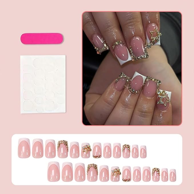 24Pcs Gold French Tip Press on Nails Short Square Fake Nails with Star Rhinestones Design Glitter False Nails Full Cover Artificial Glue on Nails Cute Stick on Nails Reusable Nail Supplies for Women