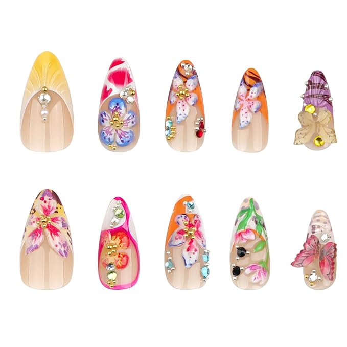 24Pcs Colorful Flower Press on Nails Medium Almond Fake Nails with 3D Butterfly Rhinestones Design Handmade False Nails Spring Summer Acrylic Nails Cute Floral Nails Stick on Nails for Women