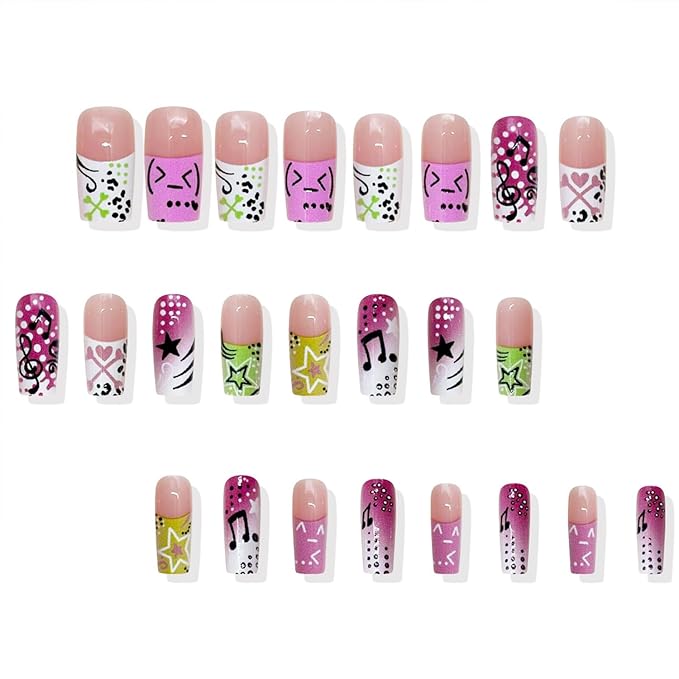 Fall French Tip Press on Nails Long Square False Nails Musical Notes Stars Design Full Cover Glue on Nail Reusable Colorful French Tip Acrylic Fake Nails Artificial Stick on Nail for Women