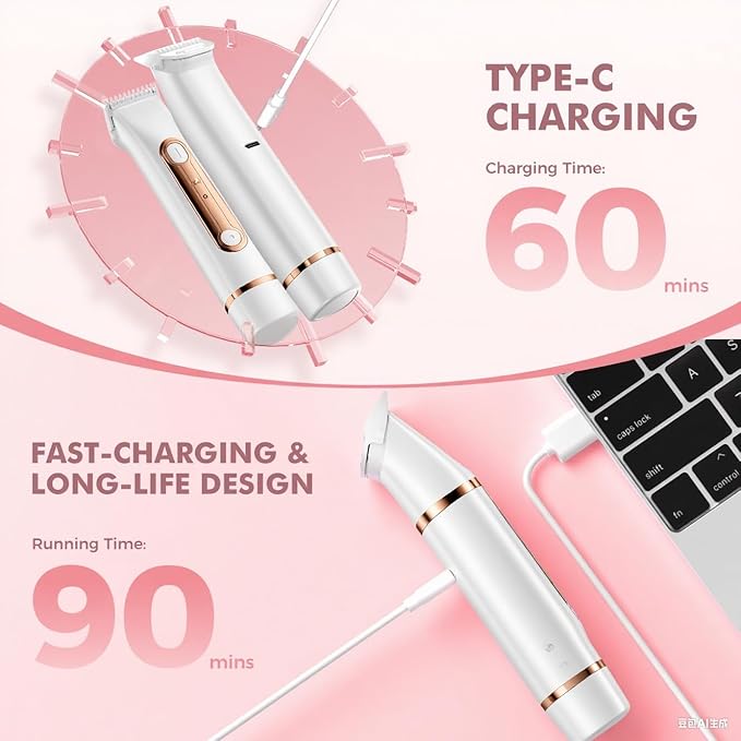 2 in 1 Bikini Trimmer for Women, Dual Head Electric Razor, IPX7 Waterproof Wet/Dry Use Women Electric Shaver, Painless Body Facial Hair Remover for Bikini Legs Arm Underarm, (White)
