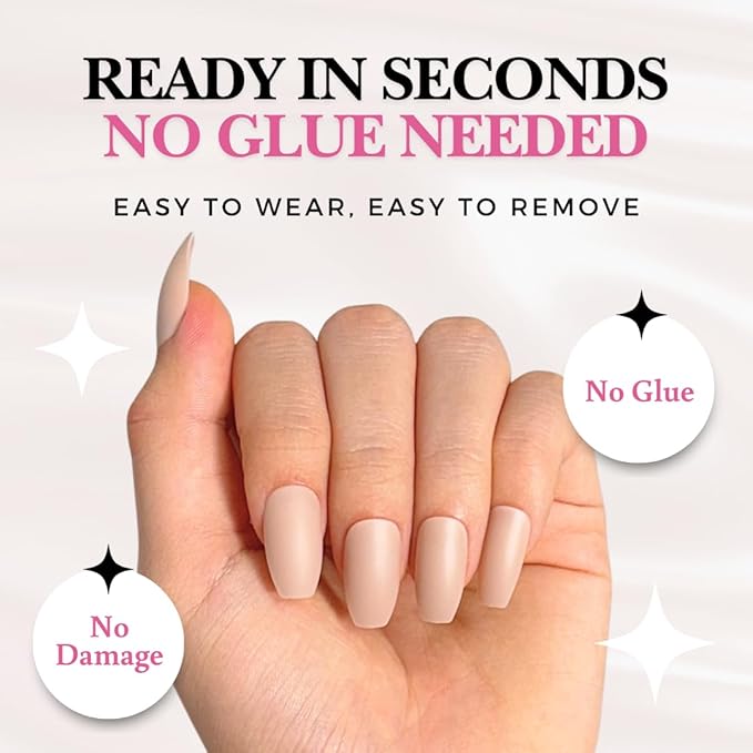 Perfect Look Press On Nails - Bare Blush | No Glue One-Day Short Coffin Nails, Matte Nude Fake Nails with Natural Finish - 24 Pcs Nail Kit with Adhesive Tabs