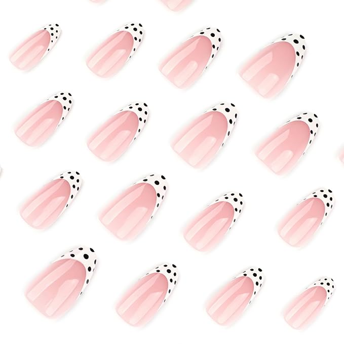Press On Nails Almond Medium – Nude Pink French Tips with Black & White Polka Dot Design, 24PCS Glossy Acrylic Fake Nails, Reusable Stick On Nails Kit with Glue & Tools for Women, Trendy DIY Manicure