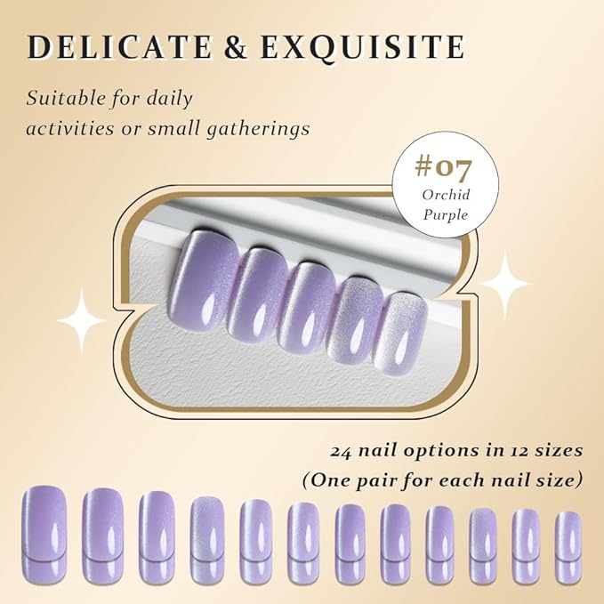 Orchid Purple Cat Eye Press on Nails Medium Square, Medium Square Press Glue on Nails Chrome for Women Gift, Orchid Holographic Glitter Glossy Reusable Gel Acrylic Fake Nail with Designs Cateye Effect