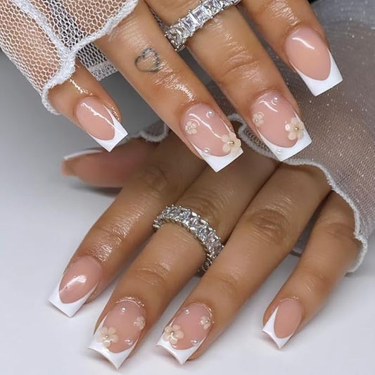 French Tip Press o Nails Square,3D White Pearl Flower Press on Nails Medium, Glossy Glue on Nails Natural Full Cover False Nail Tips Short Stick on Nails Artificial Finger Manicure for Women Girls