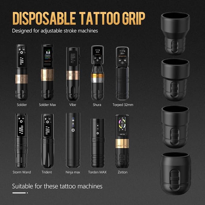 Ambition Soldier 42MM Disposable Tattoo Grips - 12Pcs Professional Tattoo Rubber Grip Cover with Click Adjust System Supply for Rotary Soldier, Zetton, Torped & Shura Tattoo Pen Machine Gun