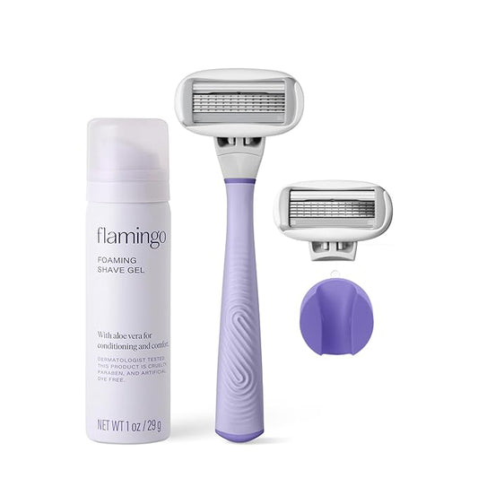Flamingo Razors for Women Shave Set, 1 Women's Razor Handle (Lilac), 2 Razor Five-Blade Refills, 1 oz. Foaming Shave Gel, and 1 Shower Holder