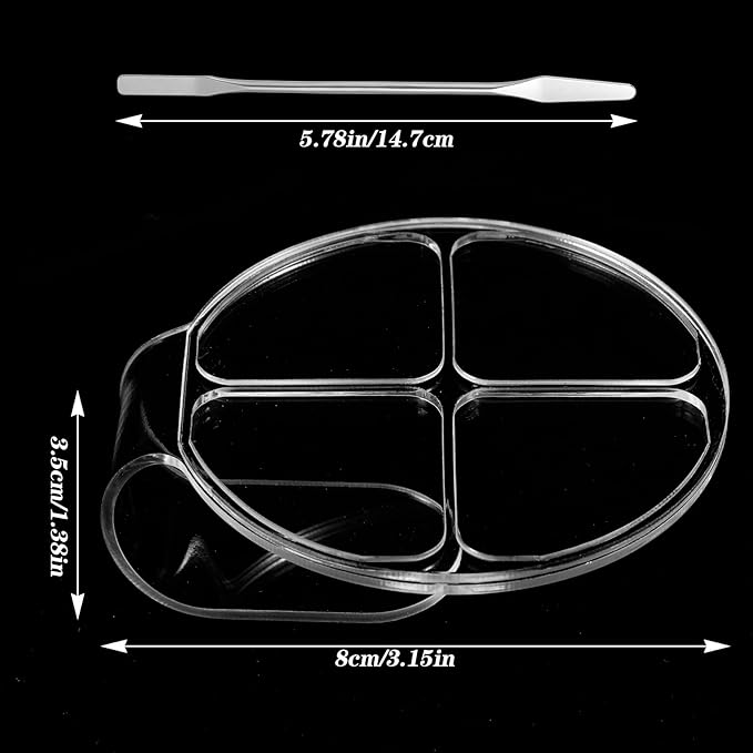2 Pcs Handheld Acrylic Makeup Palette with 1 Spatula for Foundation, Circular 4 Grid Foundation Mixing Palettes, Clear Handheld Makeup Mixing Palette Nail Art Manicure Tray for Foundations Blending