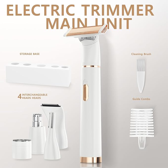 Women's 5-in-1 Electric Bikini Trimmer, USB-C Rechargeable Shaver & Trimmer for Body, Face & Nose – Painless Wet & Dry Shave (Keep Device Dry; Remove Blades for Cleaning)