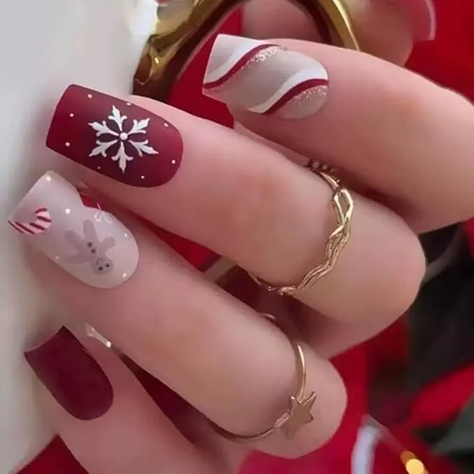 144 Pcs Christmas Press on Nails Short Square Fake Nails with Snowflake False Nails with Designs Elk Glue on Nail Full Cover Winter Xmas Acrylic Stick on Nail for Women Manicure 6 Packs