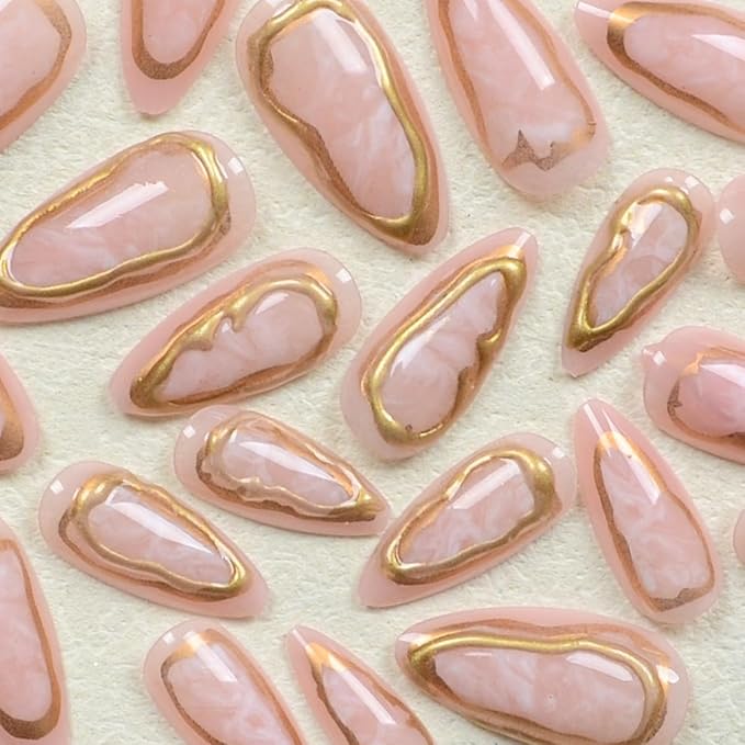 Gold Press on Nails Long Almond Fake Nails with 3D Gold Line Designs Stick on Nails Pink False Nails Glossy Handmade Acrylic Glue On Nail for Women Nail Art Decoration 24Pcs