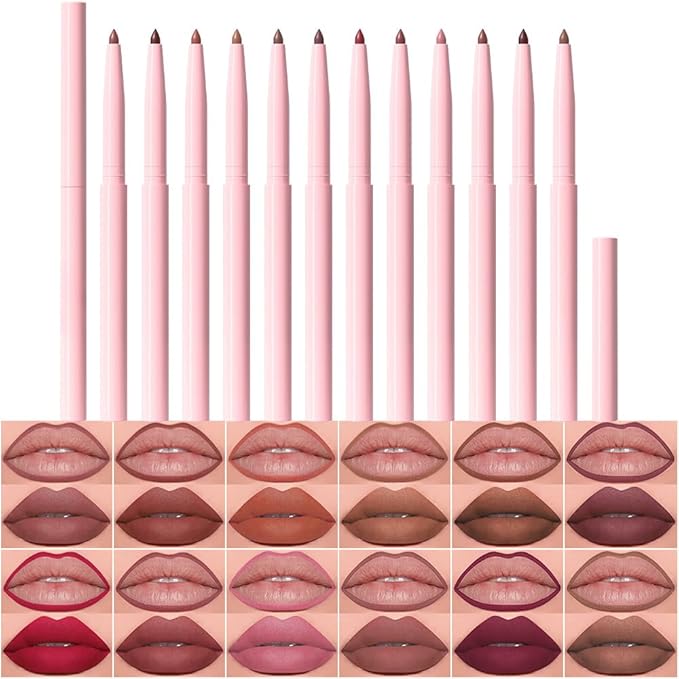Kaely 12Pcs Retractable Lip Liner Pencils Set for Painting Outline Plump Lips, Mauve Maroon Red Orange Nude Coffee Brown Plum Taupe Creamy Matte Velvet Pigmented Lip Colors Liner Crayon Lipstick Set