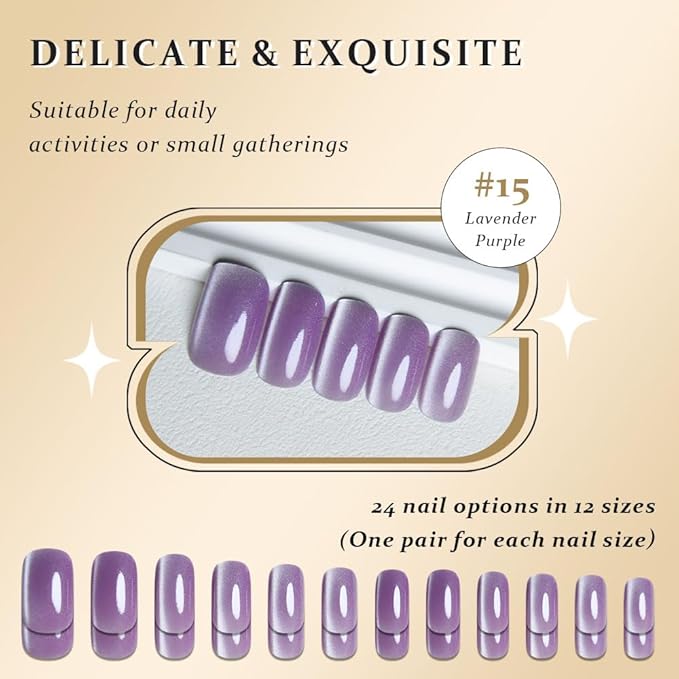 Lavender Purple Cat Eye Press on Nails Medium Square, Medium Square Press Glue on Nails Chrome for Women, Purple Holographic Glitter Glossy Reusable Gel Acrylic Fake Nail with Design Cateye Effect