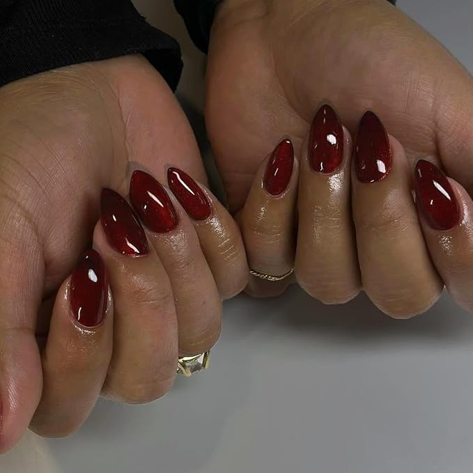 KQueenest Press On Nails Short - Wine Red to Black Press On Nails Almond Shape, Glitter Cat Eye Fake Nails with Nail Glue, Reusable Cute Dark Gel Glue On Nails with Color-Shifting Glow, 30 Pcs