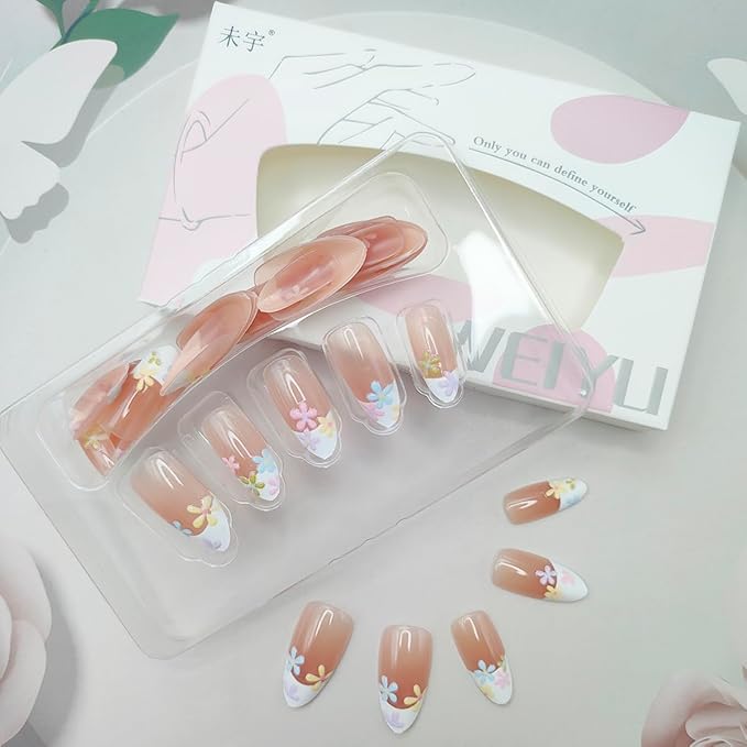 30Pcs White French Tip Press on Nails Medium Almond Fake Nails Nude Pink False Nails with Colorful Flower Designs Glossy Cute Acrylic Nails Full Cover Artificial Nails Summer Stick on Nails for Women