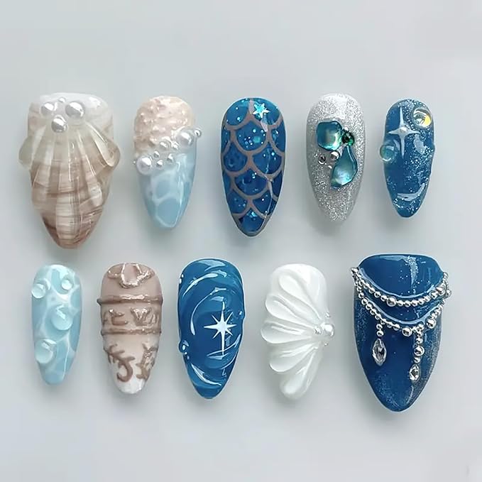 10Pcs Summer Beach Press on Nails Medium Almond Blue Fake Nails Shell with Pearl Rhinestones Glitter Full Cover Glue on Nail Artificial Reusable Ocean False Nails for Women Acrylic Manicure Salon Tips