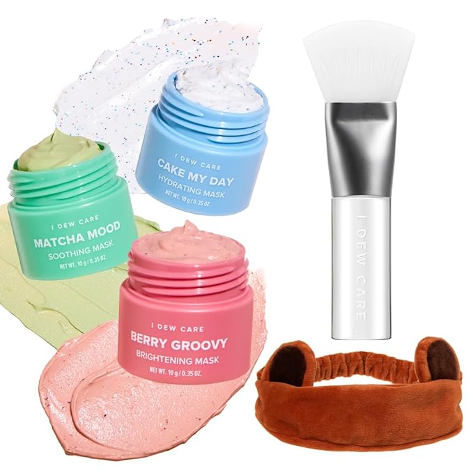 I DEW CARE Mini Scoops Wash Off Face Mask Skin Care Trio + Brown Bear Spa and Makeup Headband + Soft Silicone Face Mask Brush Bundle