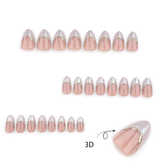 3D Gold Curve Press on Nails 24Pcs Irregular Lines Gel Glue on Fingernails Acrylic Full Cover Fake Nails Glossy Silver French Stick on Nail Sparkly Medium Almond False Nail for Holiday Manicure Art