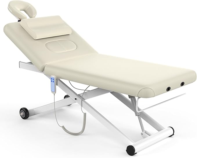 Heavy-Duty Electric Lift Massage Table with Electric Adjustable Backrest and Legs, Wide Physical Therapy Massage Bed with Wheels, Professional Spa Facial Bed, PU Leather, 32'' W × 75'' L