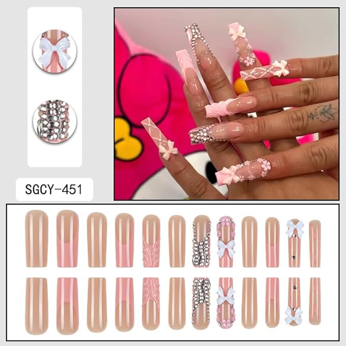 Square Press on Nails Long Fake Nails French Tip False Nails Pink Artificial Nails with Bow Designs Stick on Nails for Women 24pcs