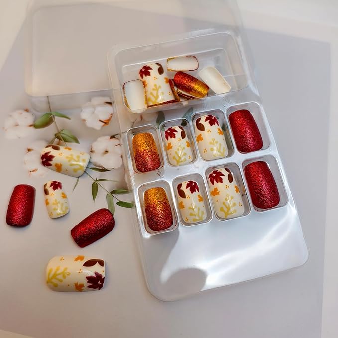 24pcs Short Square Press on Nails Glitter Fall Fake Nails Red Autumn Maple Leaves Glue on Nails Full Cover Acrylic Stick on Nails for Women DIY Fall Maple Leaf Nail Art Manicure Decor