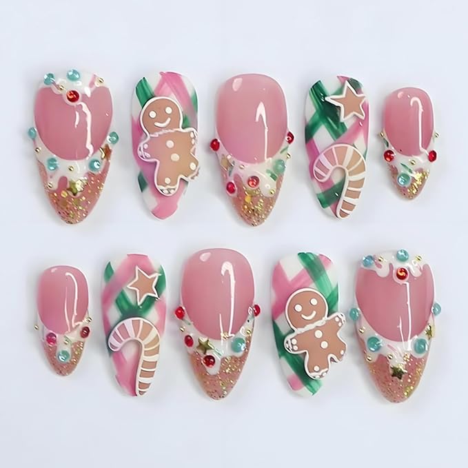 30Pcs Christmas French Tip Press on Nails Medium Almond NEWSPIED Christmas Fake Nails with Designs Cute Gingerbread Men False Nails Winter Xmas Stick on Nails for Women Acrylic Manicure Decoration