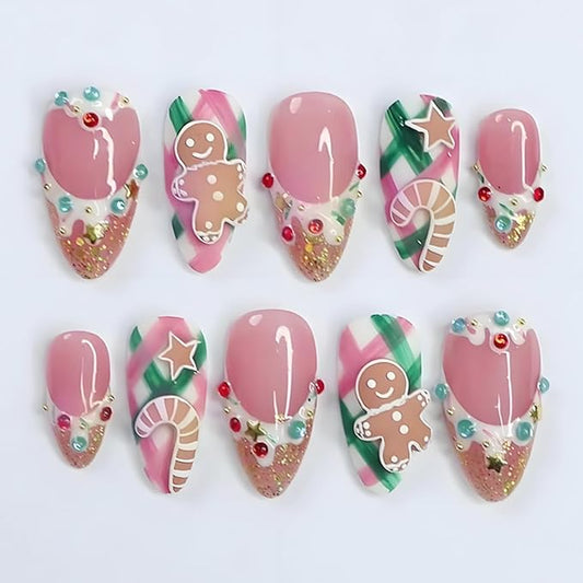 30Pcs Christmas French Tip Press on Nails Medium Almond NEWSPIED Christmas Fake Nails with Designs Cute Gingerbread Men False Nails Winter Xmas Stick on Nails for Women Acrylic Manicure Decoration