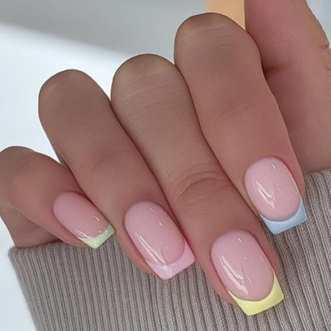 24 Pcs Colorful French Tip Press on Nails Medium Short Square, Acrylic Fake Nails Press ons with Glue, Small Coffin Acrylic Natural Nude Glue on Nails for Women, 15 Sizes