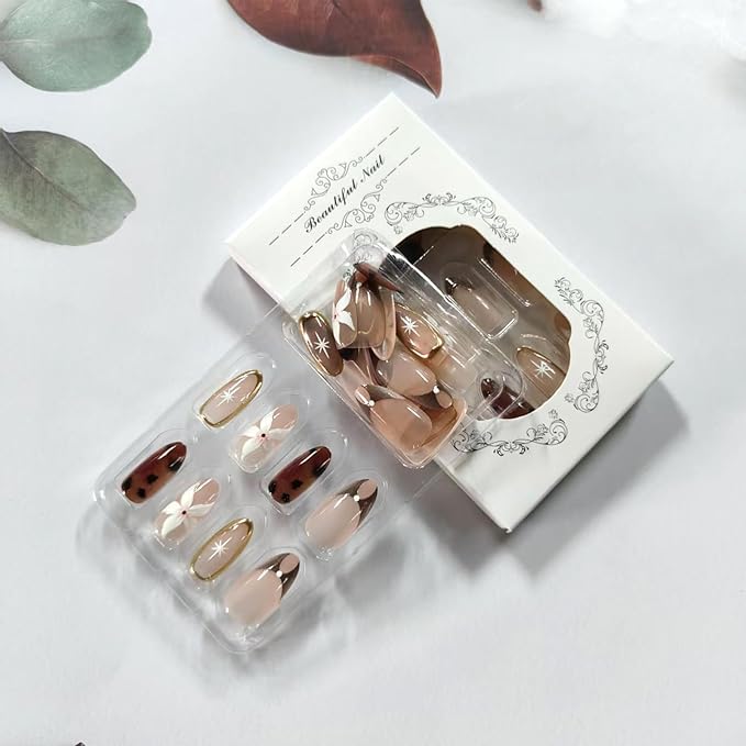 30Pcs Almond Press on Nails Medium Fake Nails with 3D Flower Designs French Tip Cheetah Print Nails Glossy Brown Acrylic False Nail Tortoiseshell Artificial Glue on Nail for Women