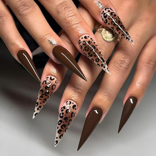 Brown Press on Nails Long Fake Nails Stiletto False Nails with Leopard Print Design Ombre Glossy Acrylic Artificial Nail Full Cover Stick on Nails for Women 24 Pcs