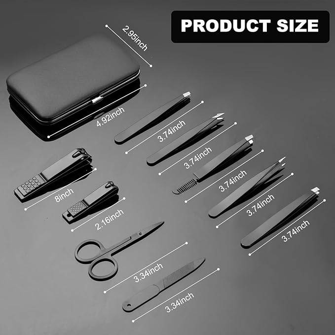 9PCS Professional Tweezers Set and Nail Clippers for Men and Women, Stainless Steel Tweezers No Gaps with Leather Travel Case