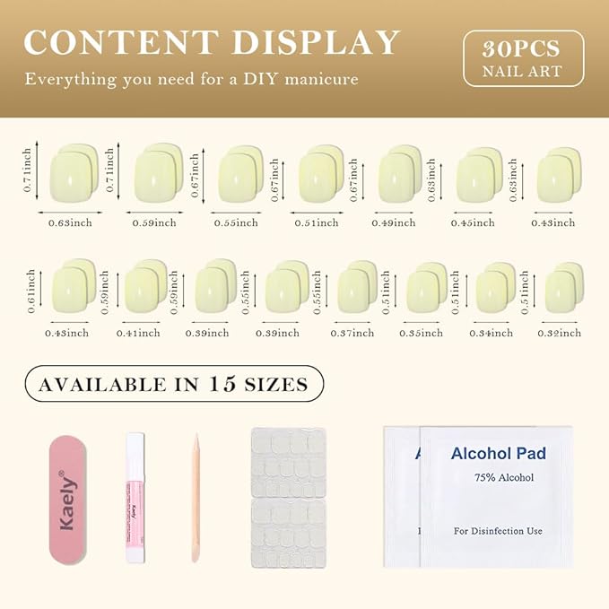 evpct Pale Yellow Glossy Press on Nails Short Square, Glossy Yellow Fake Nails Summer Reusable, Acrylic False Nail Stick Glue on Press ons for Women Gifts, Perfectly Fit False Nail Kit with Glue 30Pcs