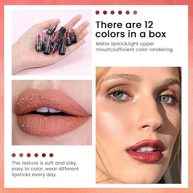evpct 12Pcs Mini Pills Lipstick Capsule Set for Women Waterproof Long Lasting, Dark Ruby Deep Wine Mauve Red Purple Nude Brown Matte Small Magic Permanent 24 Hour Lipstick Bulk Samples 02