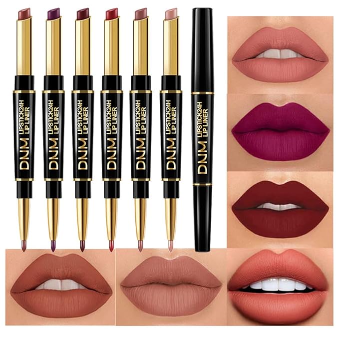 evpct 6 Pcs Lip Liner and Lipstick Set Kit Chestnut Nude Dark Red Matte Matt Mat 24 Hour Lipstick Pen and Lip Kit with Lip Liner Pencil Long Lasting Set for Women labiales mate 24 horas originales