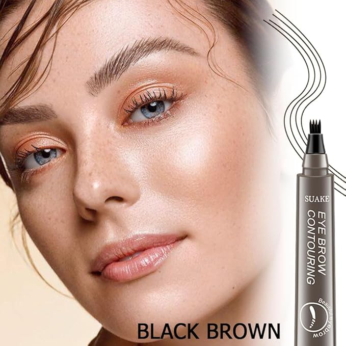 evpct 1Pcs Black Brown Magic Microblading Eyebrow Contouring Pen Pencil, 4 Tipped Precise Brow Pen with Sponge Micro-Fork Tip Applicator, Create Natural Looking Brows Eyebrow Makeup Long Lasting