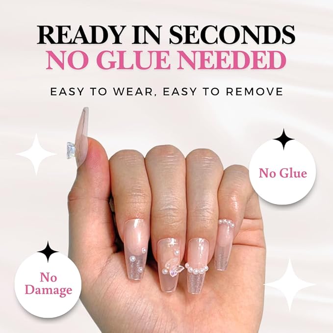 Perfect Look Press On Nails - Pearl Bloom | No Glue One-Day Nude Marble Coffin Fake Nails With Glitter & Butterfly Charms - 24 Pcs Nail Kit With Adhesive Tabs
