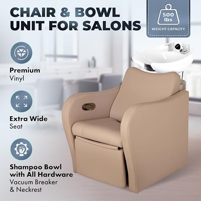 Buy-Rite Lexus Backwash Unit - Professional Salon Shampoo Chair w/Tilting Porcelain Bowl, Wide Seat, Kick-Out Legrest, Single Handle Faucet & Neck Rest – Sand Vinyl w/White Bowl, TS-8018B