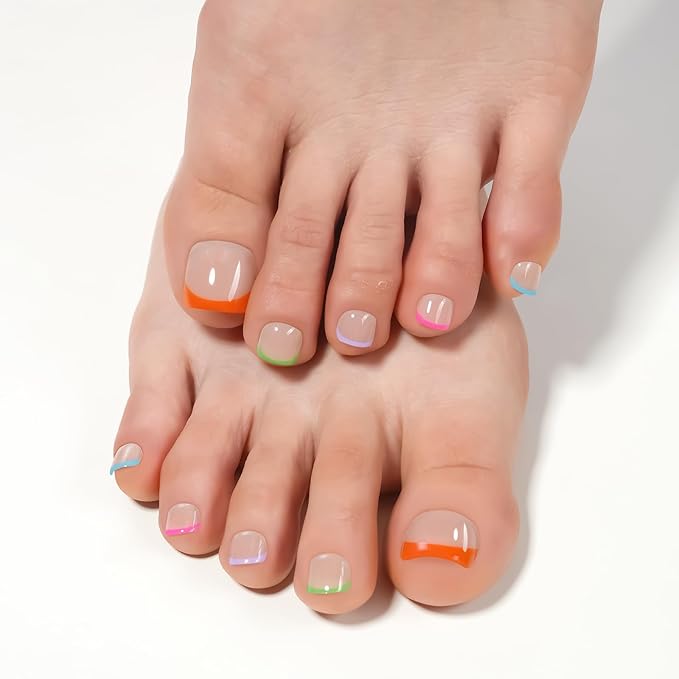 Vansiho Brighter Pastel Press on Toenails Short, French Tips Toenail Press on Square for Women, Soft Gel Fake Toenails, Acrylic Nails Soak off Toenail Home DIY 15 Sizes