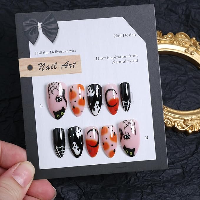 24Pcs Halloween Press on Nails Short Pointed Goth Fake Nails Black Cat with Spider Web Pumpkin Designs Full Cover Glue on Nails Cute Ghost False Nails Horror Glue on Nails for Women Acrylic Manicure