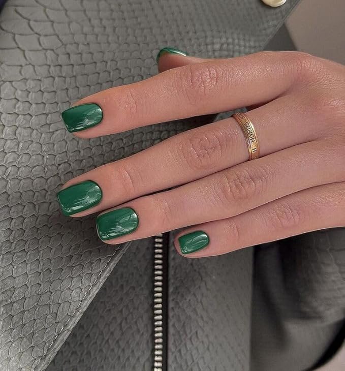 48Pcs Dark Green Press on Nails Short Square Fake Nails, Spring Glue on Gel Nails Press ons, Acrylic Nails Stick on False Nails for Women Extra Short Nails Small Petite