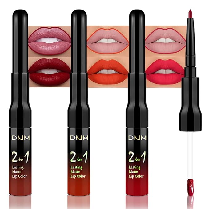 3Pcs 2 in 1 Dark Red Orange Red Fire Red Matte Lip Liner and Liquid Lipstick Stain Makeup Set for women, Long Lasting Smudge Proof Lip Tint Matte Finish Lip Gloss for All-Day Color Hold, Set29