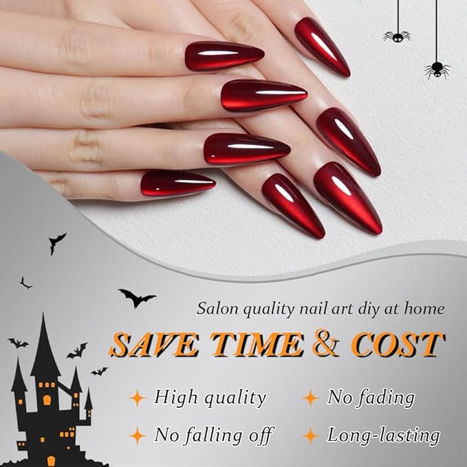evpct Dark Red Cat Eye Press on Nails Almond Long, Stick on Glue on Nail Long Almond for Women Gift with Glue, Bloond Red Metallic Glitter Soft Gel Reusable Press on Acrylic Fake Nail with Designs