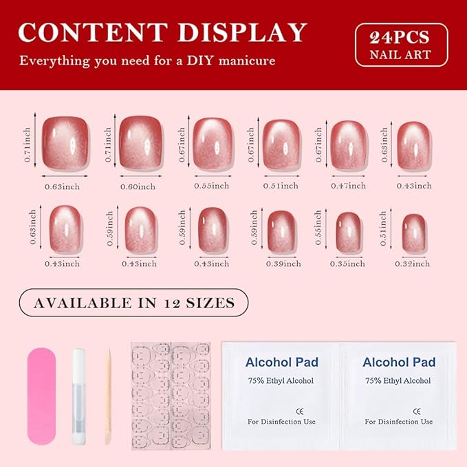 evpct Pink Cat Eye Extra Short Press on Nails Square, Petite Short Square Glue on Nails for Women Gift, Red Nude Pink Metallic Glitter Glossy Reusable Stick Gel Press on Acrylic Fake Nail with Designs